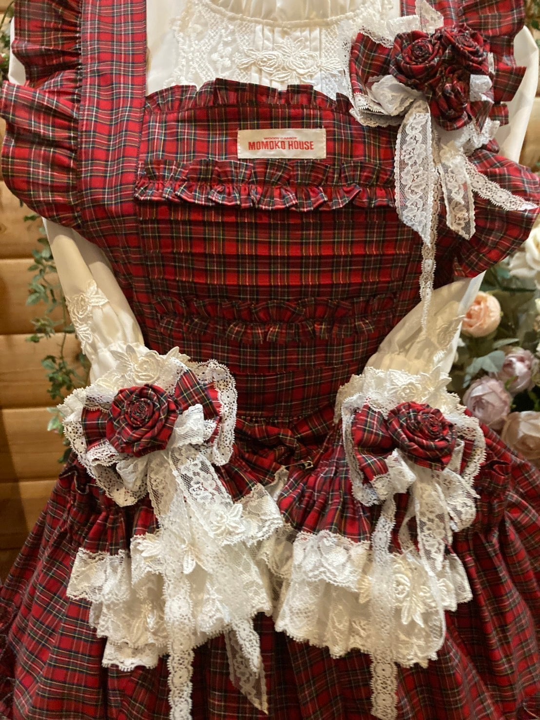 モモコハウス 赤チェック フリルエプロン ミニ MOMOKO HOUSE モモコハウス レースエプロン | モモコハウス