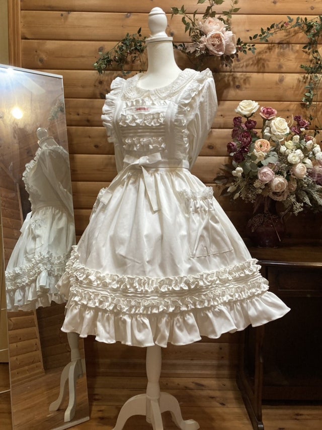 モモコハウス 黒 ブラック ハートフリルエプロンセミミドル シングル フルレース エプロン | モモコハウス